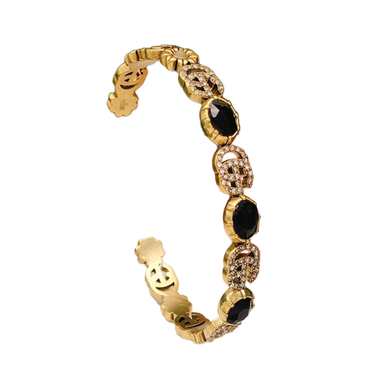 Gucci Double Flowers Black Crystals Open Cuff 18K Gold Bracelet