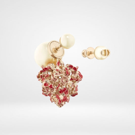 Dior Tribales Red Flower Heart Faux Pearl 18K Gold Earrings