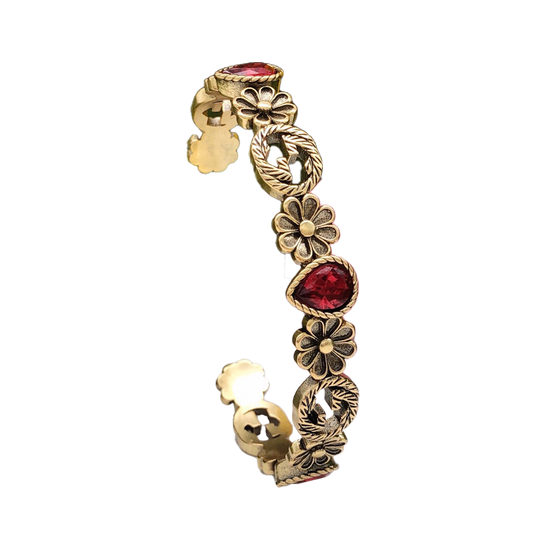 Gucci Double Flowers Red Crystals Open Cuff 18K Gold Bracelet